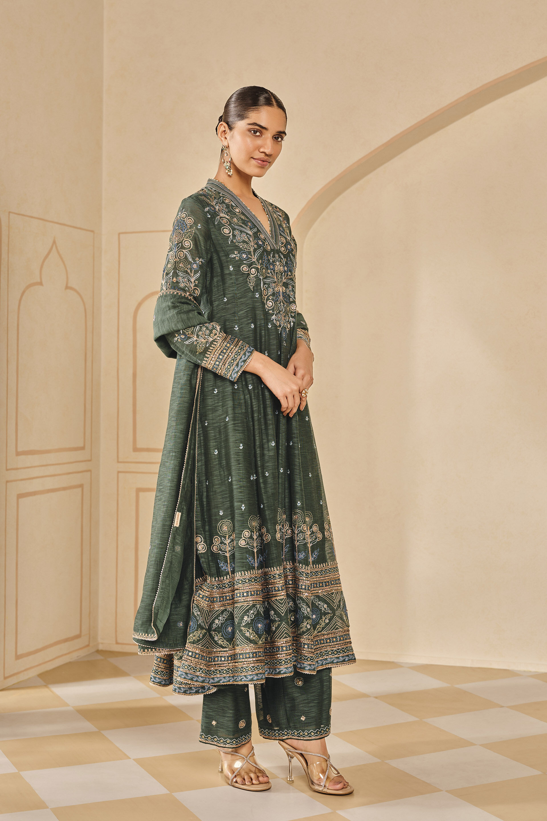 Zunaira Embroidered Mul Anarkali Set - Green, Emerald, image 3